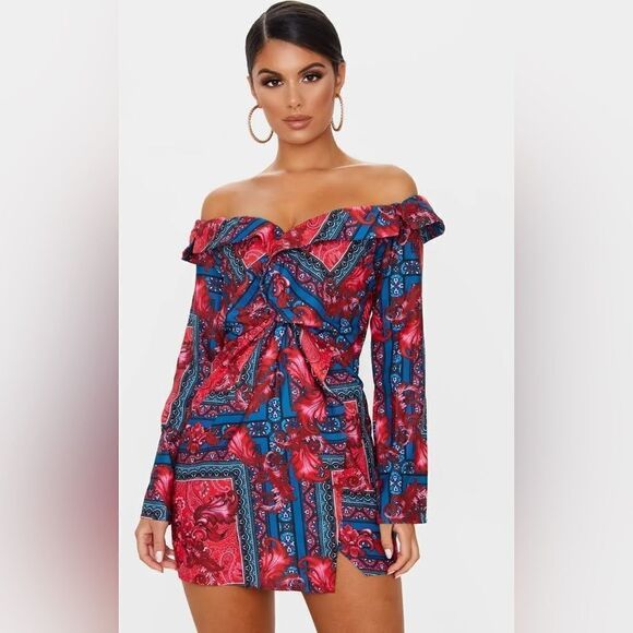 PrettyLittleThing Multi Paisley Bardot Knot Detail Blazer Dress NWT - Picture 2 of 12